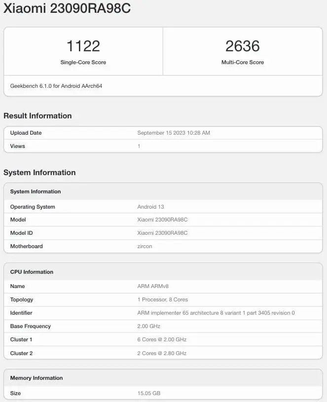 Xiaomi Note 13 Pro+ Geekbench Report