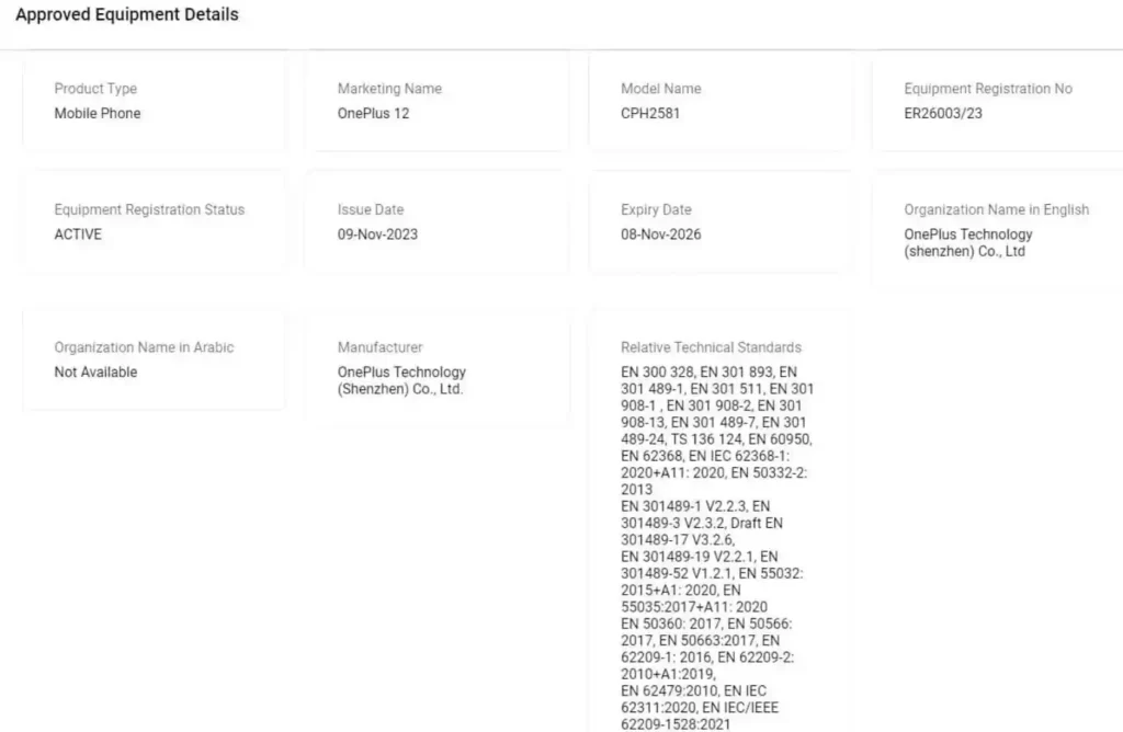 OnePlus 12 TDRA Certification
