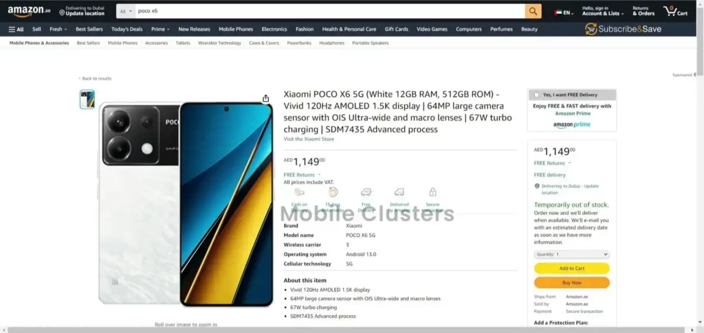 POCO X6 5G Amazon UAE Listing