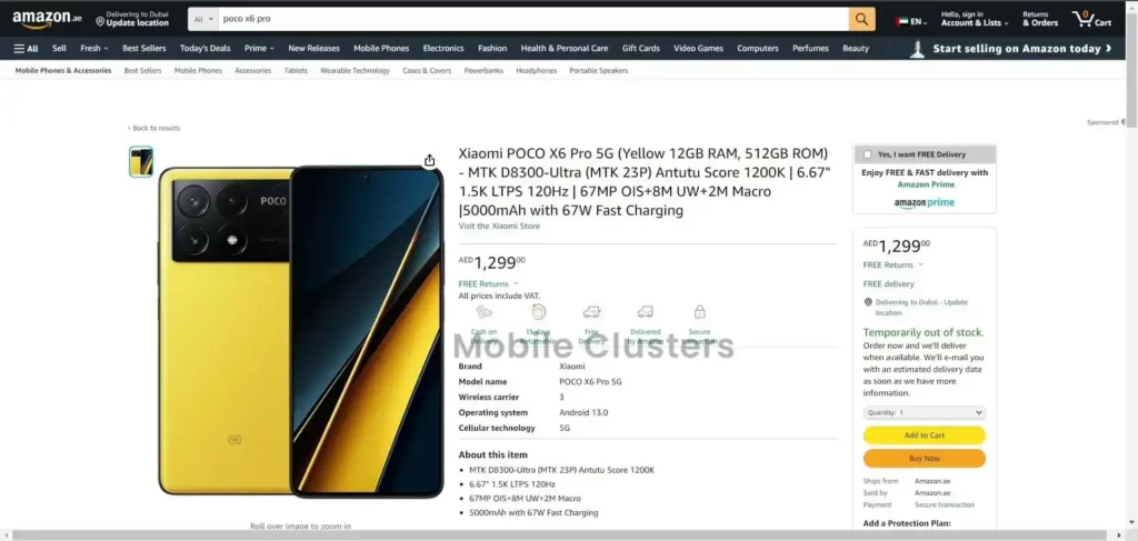 POCO X6 Pro 5G Amazon UAE Listing