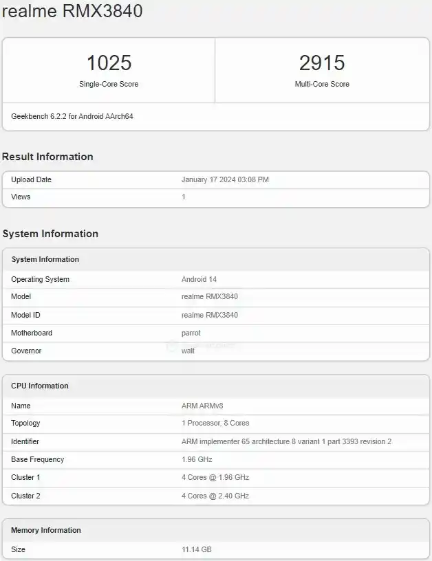 Realme 12 Pro Plus Geekbench Certificate
