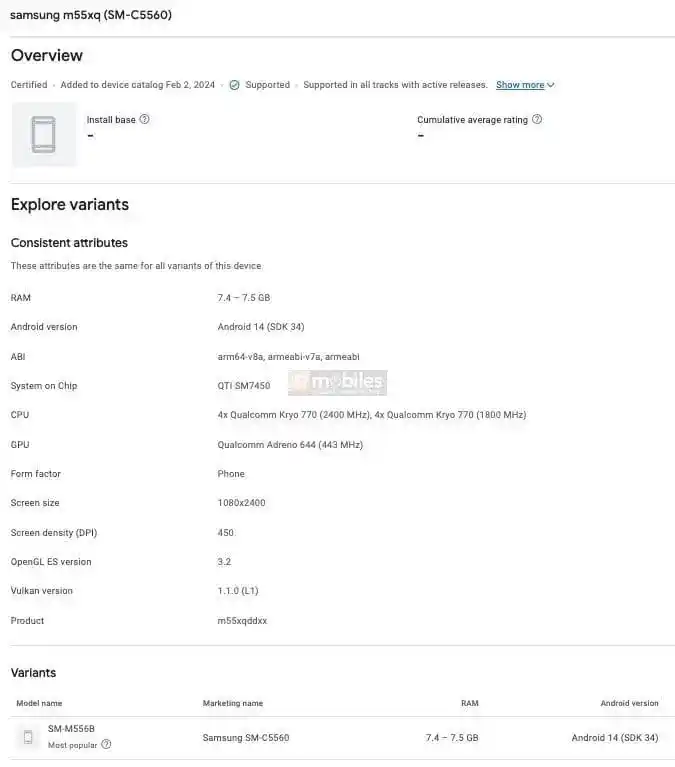 Samsung Galaxy M55 5G Google Play Console Listing