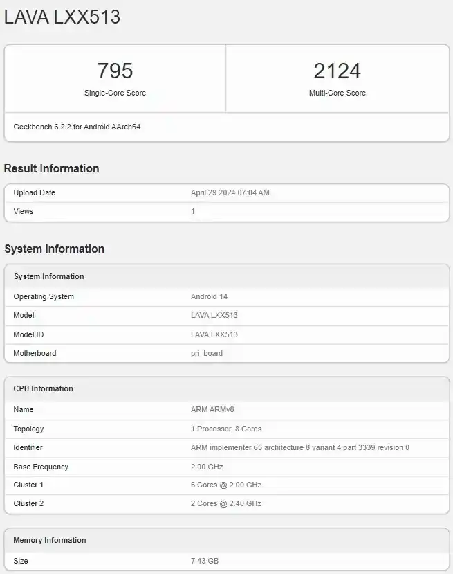 LAVA Yuva 5G Geekbench Certification