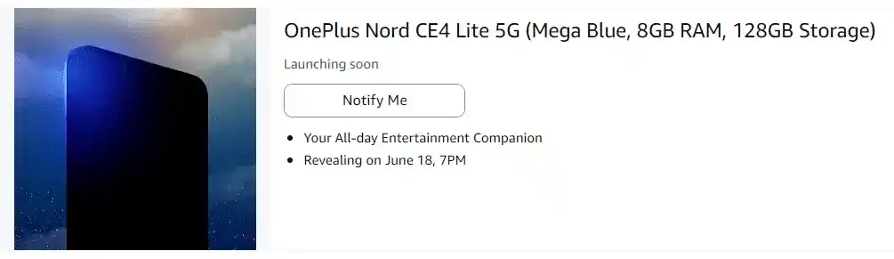 OnePlus Nord CE 4 Lite Amazon Teaser With RAM and Storage Variant