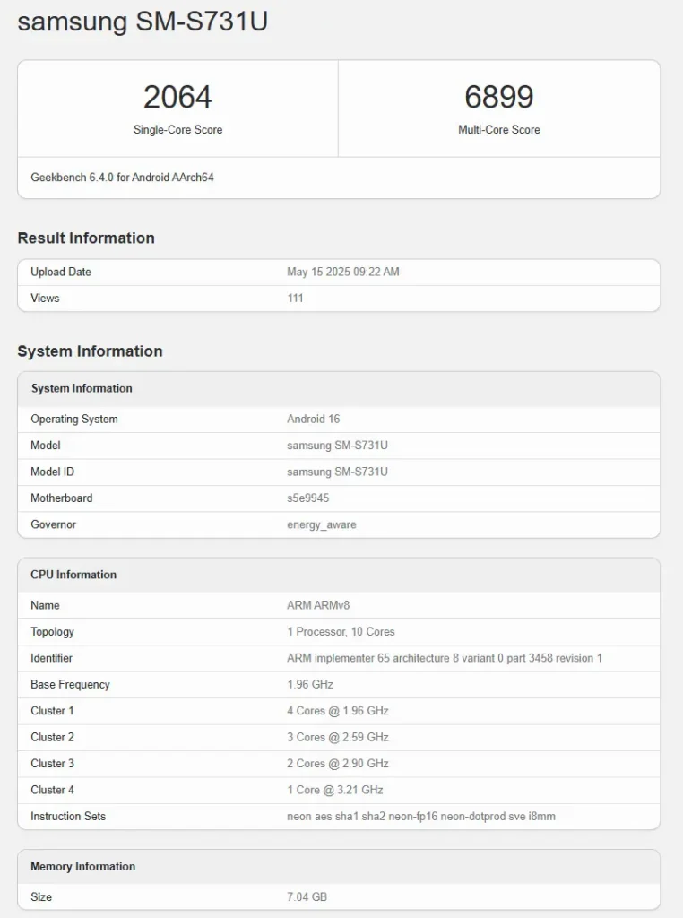 Samsung Galaxy S25 FE Geekbench Report