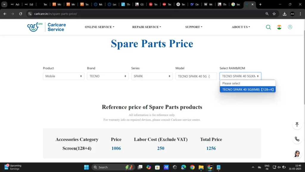 Tecno SPARK 40 5G CarlCare Service Listing