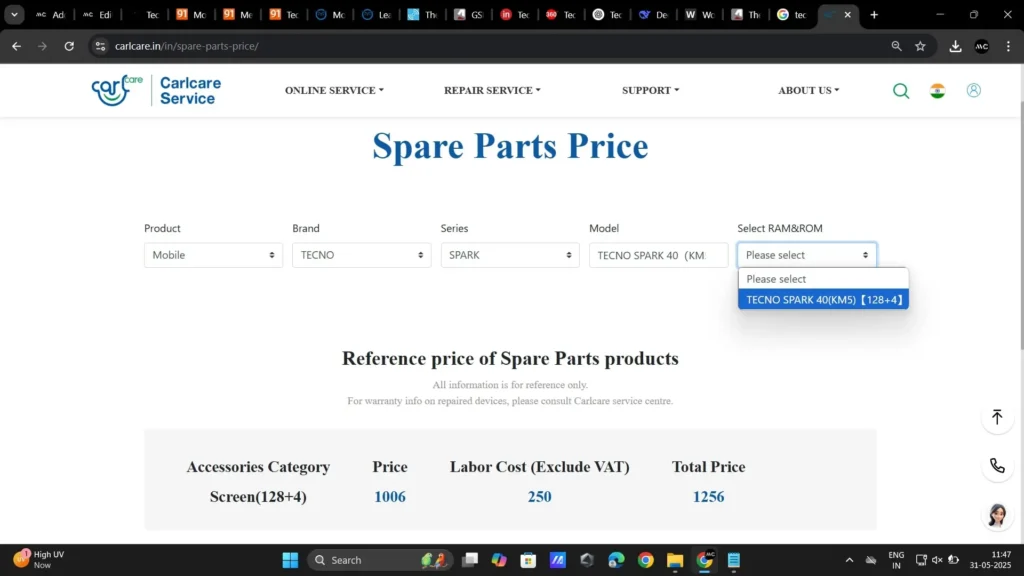 Tecno SPARK 40 CarlCare Service Listing