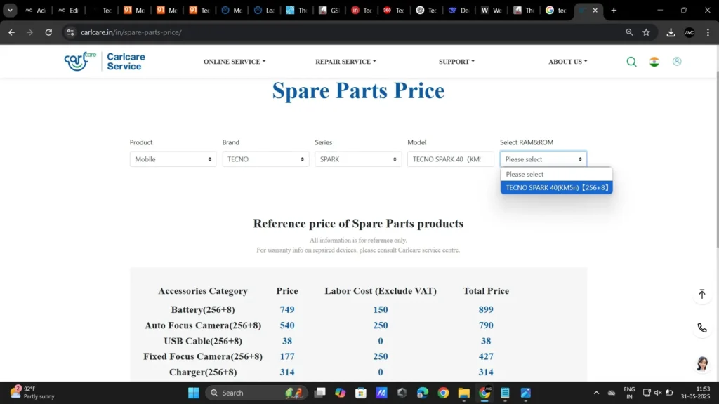 Tecno SPARK 40 CarlCare Service Listing