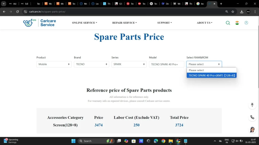 Tecno SPARK 40 Pro+ CarlCare Service Listing