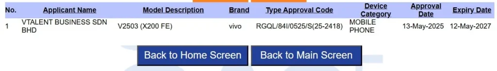 Vivo X200 FE SIRIM Certification