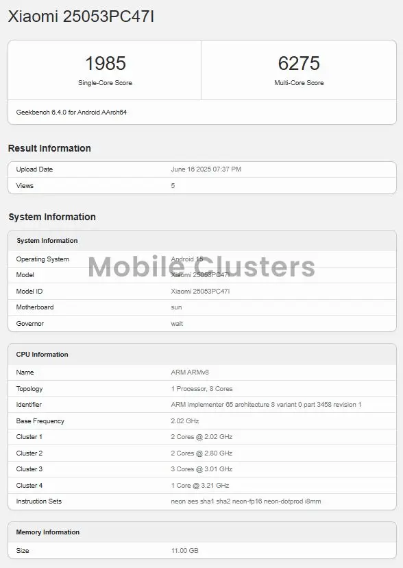 POCO F7 Indian Variant Geekbench Certification