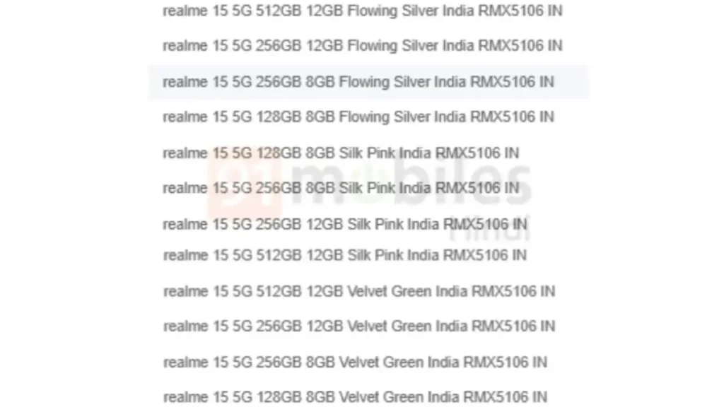 Realme 15 5G Storage Variants and Colors Leak