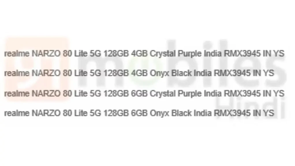 Realme Narzo 80 Lite 5G Storage and Colour Variants Leak