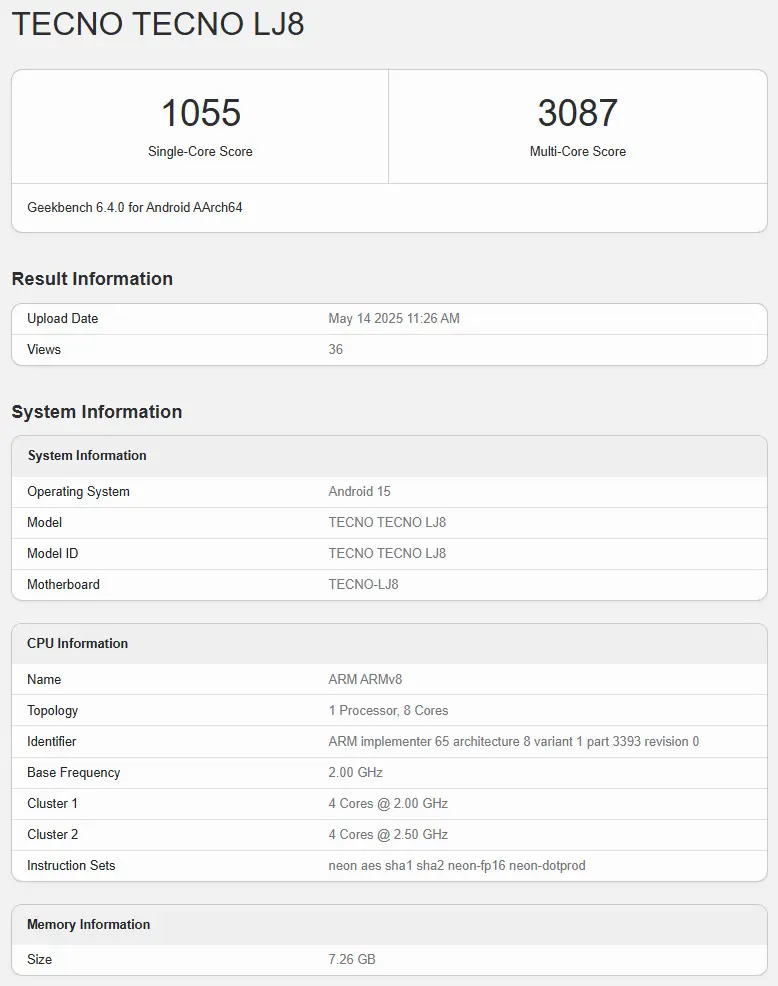 Tecno POVA 7 Pro Geekbench Certification