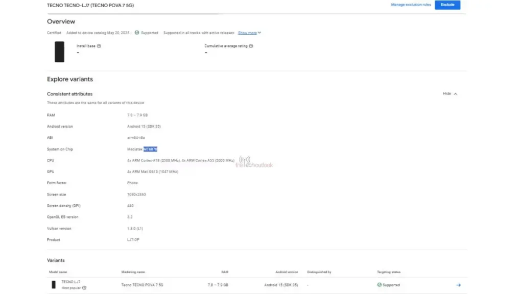 Tecno Pova 7 5G Google Play Console Listing