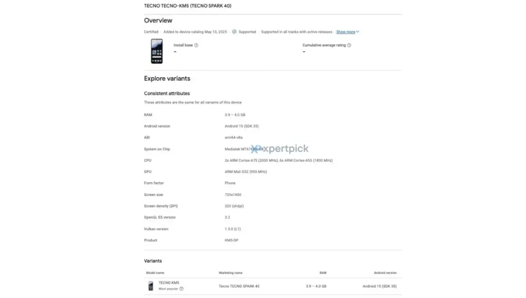Tecno Spark 40 Pro Google Play Console Listing