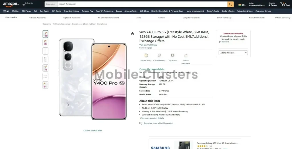 Vivo Y400 Pro Amazon Listing