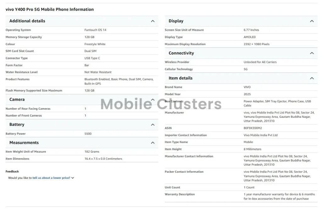 Vivo Y400 Pro Specs Via Amazon Listing