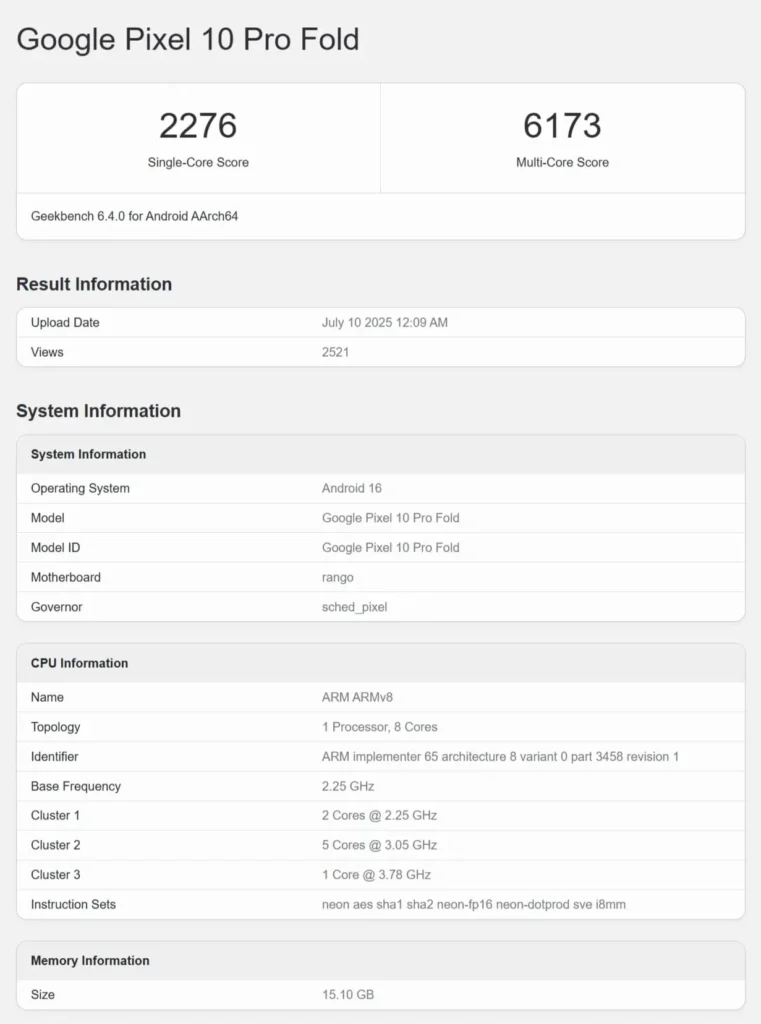 Google Pixel 10 Pro Fold Geekbench Certification