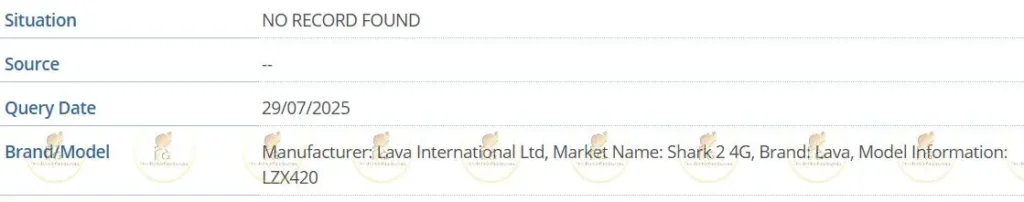 LAVA Shark 2 4G IMEI Listing