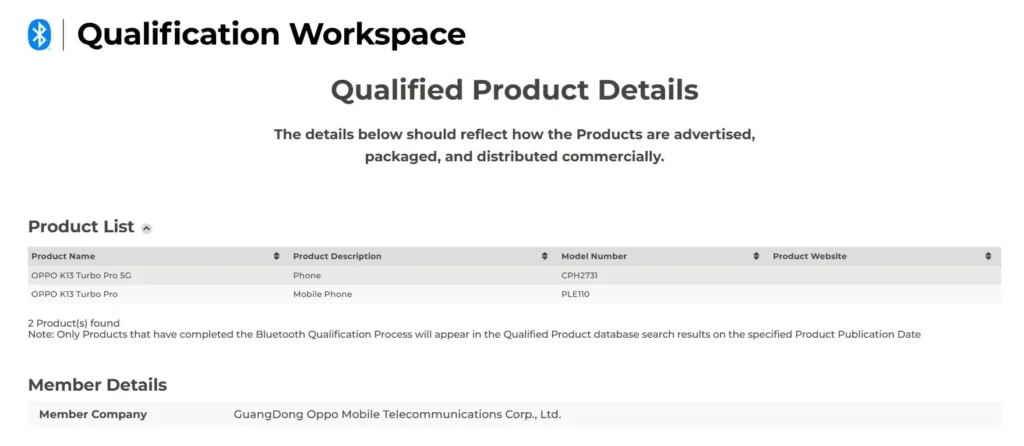 OPPO K13 Turbo Series Bluetooth SIG Listing