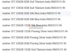 Realme 15T Colors and Storage Variants Leak