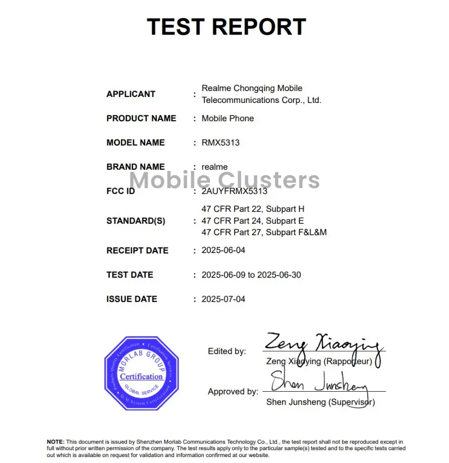 Realme Note 70T FCC Listing