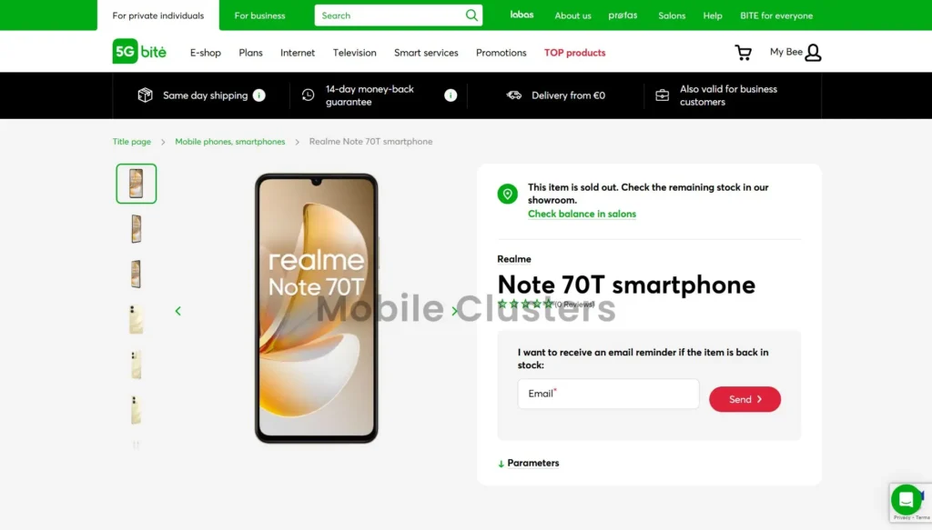 Realme Note 70T Retail Website Listing