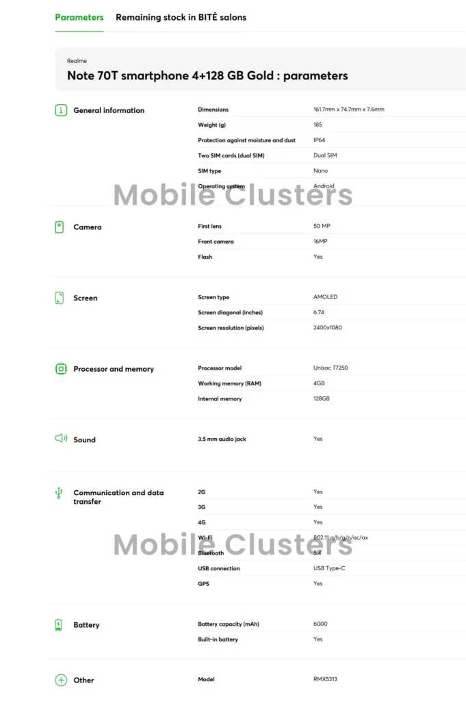 Realme Note 70T Specifications