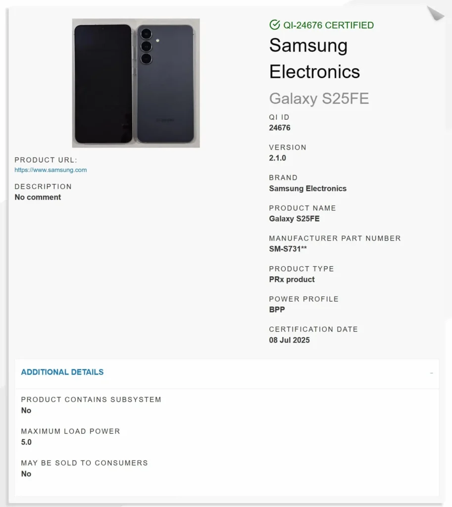 Samsung Galaxy S25 FE Wireless Power Consortium Listing