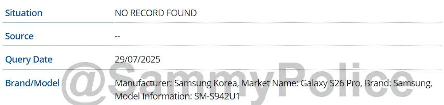 Samsung Galaxy S26 Pro SM-S942U1 IMEI Listing