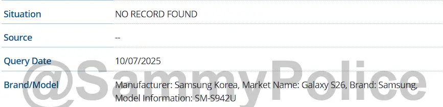 Samsung Galaxy S26 SM-S942U IMEI Listing